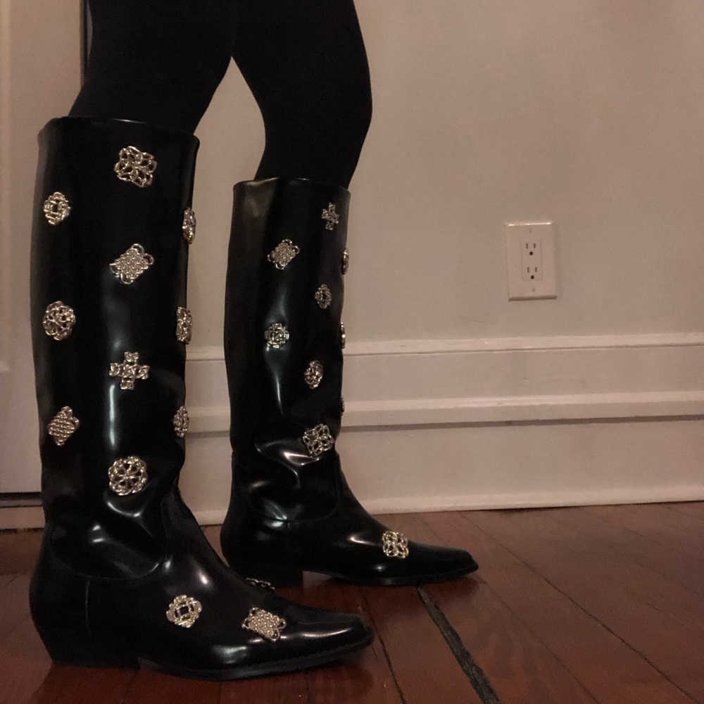 Black leather embellished knee high boots